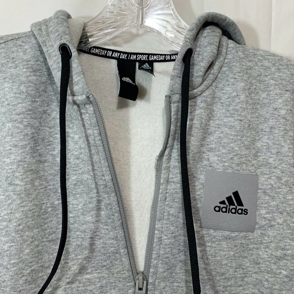 Adidas Men New Full Zip Striped Sleeve Grey Hooded Sweatshirt Size Small - Picture 2 of 5